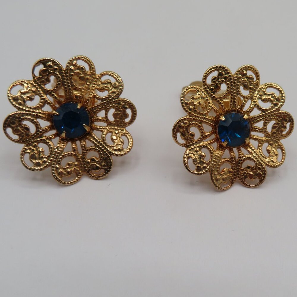 Lisner Floral Earrings Blue Rhinestone Gold Tone Clip On - Picture 3 of 5